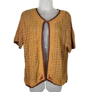Vintage 90s Cottagecore Brown Floral Embroidered Open Knit Cardigan Top Sweater